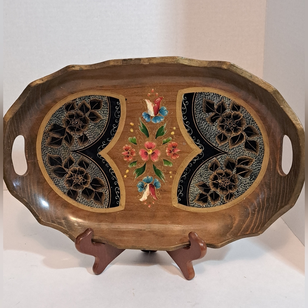 Vintage Floral Hand Painted Gold Mid Century Wood Serving Tray.